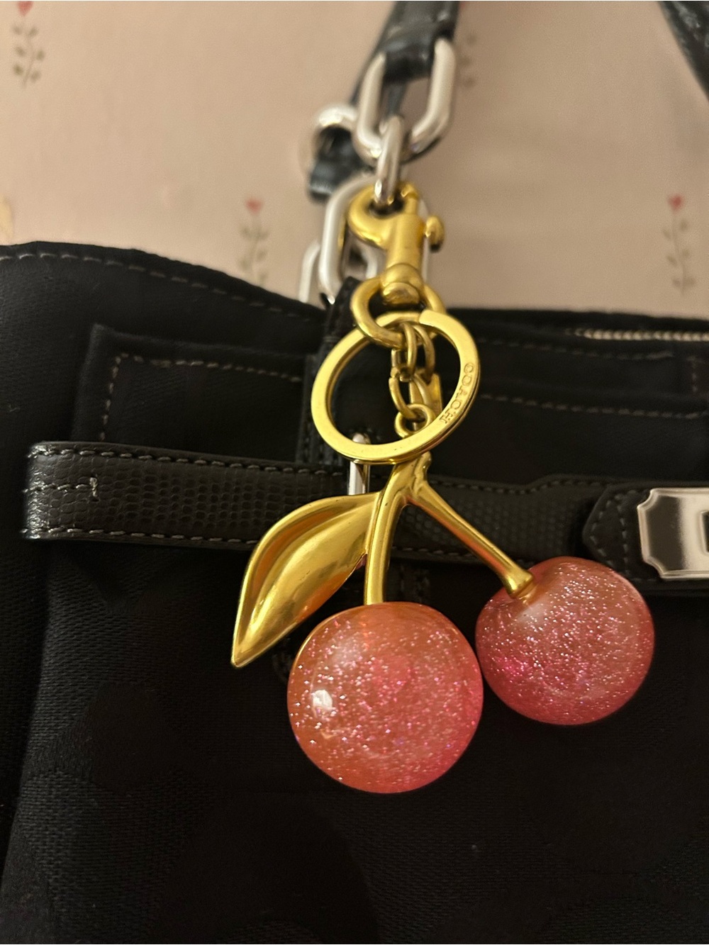 Coach Gold-Tone Hardware with Pink Glitter Cherry Key Charm